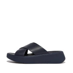 FITFLOP F-MODE Leather Flatform Cross Slides - Women's -Clothing Sales Store F MODE LEATHER FLATFORM SLIDES MIDNIGHT NAVY FW5 399