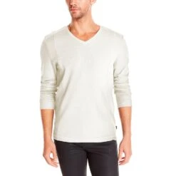 Calvin Klein Long Sleeved French Rib V-Neck Shirt - Snow White - Mens